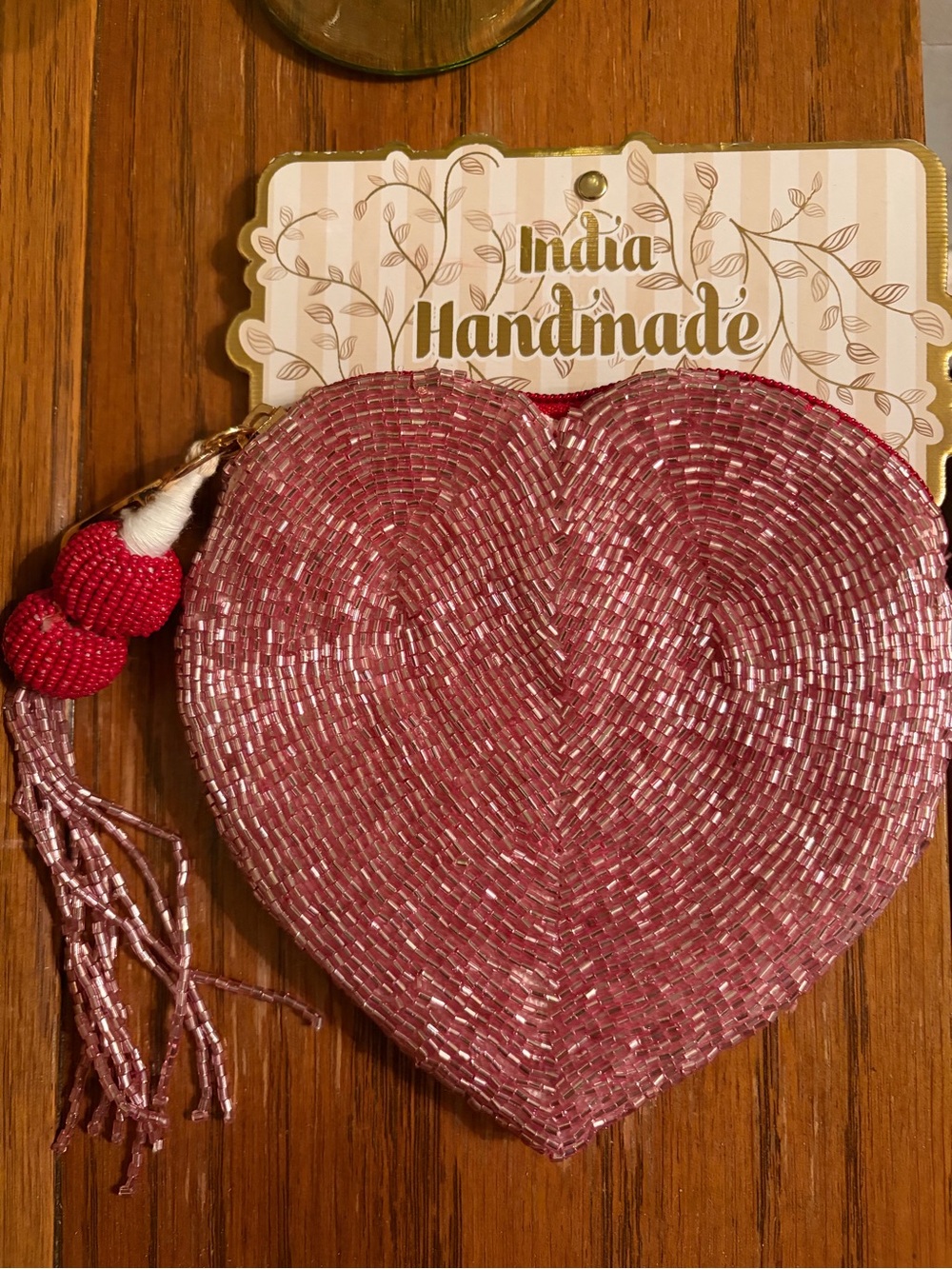 Handmade Pink Heart Mini Bag with Beaded Tassel, NWT